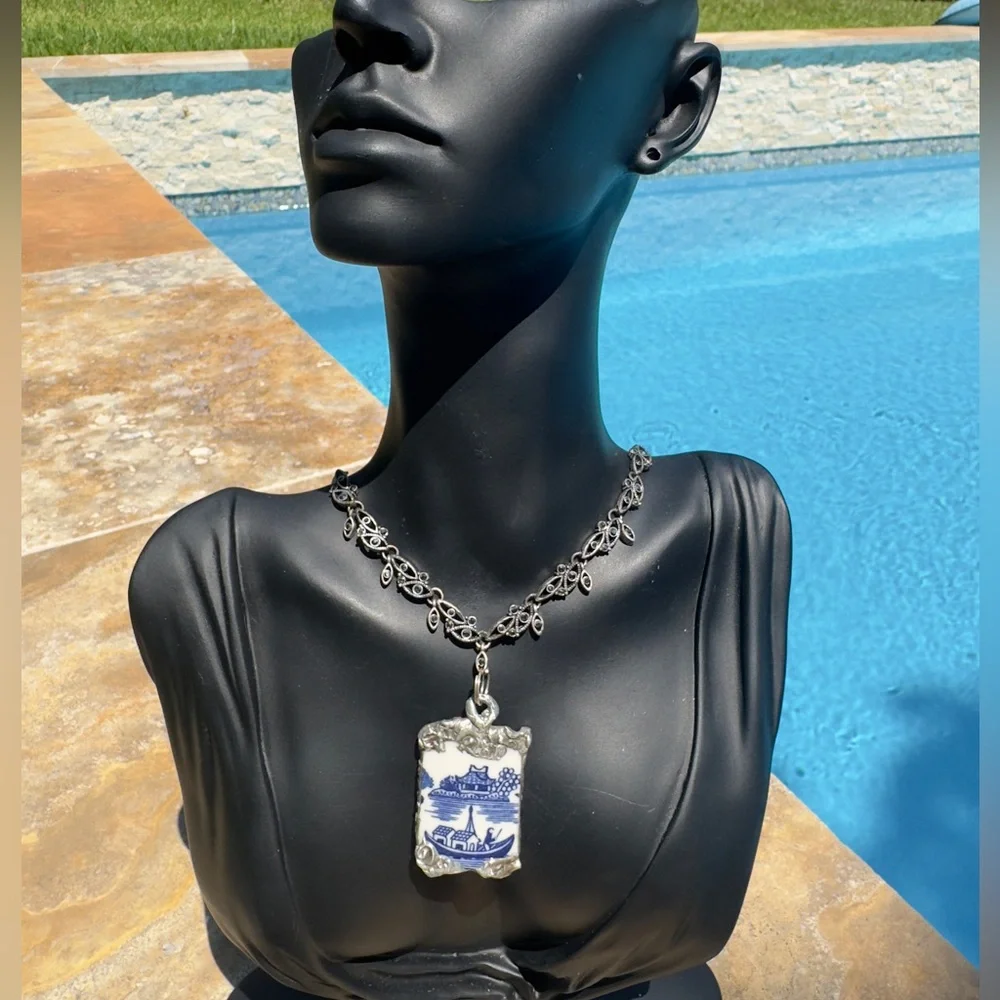 Churchill Willow China Artisan Silver Cabochon Pendant & VNTG Marcasite Necklace
